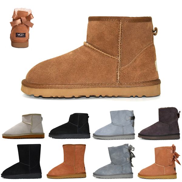 

classic women winter snow boots girl short two bow kneel half leather boots ankle chestnut black pink womens girl shoes 5-10