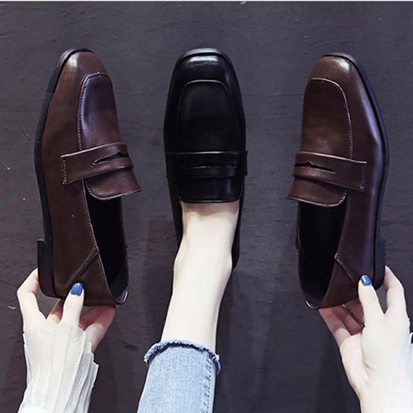 

vintage small leather shoes women loafers espadrilles woman flats ballerina student square toe slip on oxfords women shoes 2020, Black