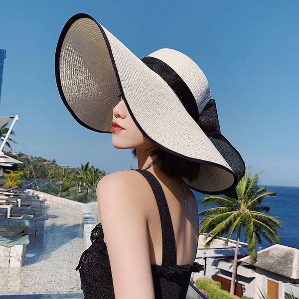 

summer wide brim cap beach hats sunscreen straw hat basin hat outdoor flat-foldable bow sun hat wholesale, Blue;gray