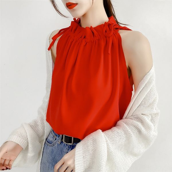 

hanging neck strapless chiffon 2020 new loose lace drawstring sleeveless chiffon shirt sling shoulder strap sling, Camo