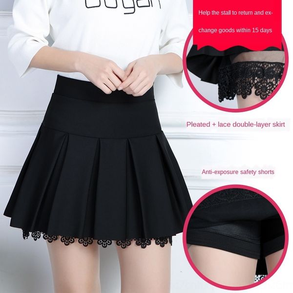 

spring and summer new a- line dress lace korean style a- line dress anti-exposure pleated skirt bottoming skirt lace, Black