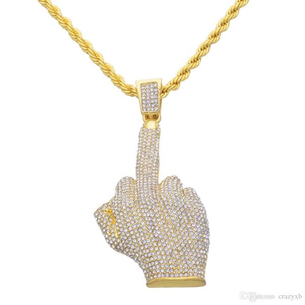 

hip hop men women gold color plated with full rhinestone big middle finger pendants necklaces bling crystal chains vogue jewelry, Silver