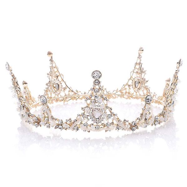 

bridal baroque crown luxury crystal handmade beads full round tiara for women queen diadem wedding hair ornaments jewelry, Golden;silver