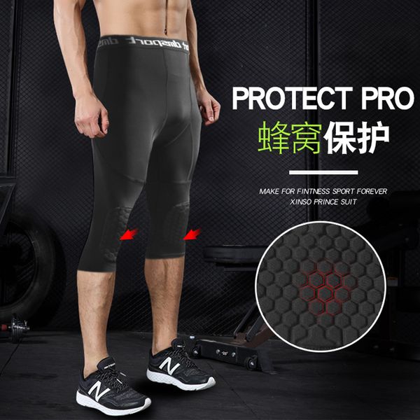 

basketball compression leggings mens running tights honeycomb knee pads quick dry bottoms mens padded three-quarter tights gym, Black;blue