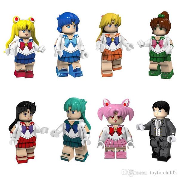 

8 pcs janpan anime sailor moon mars jupiter venus mercury chibi chibi neptune chiba mamoru tuxedo mask mini action figure building block toy
