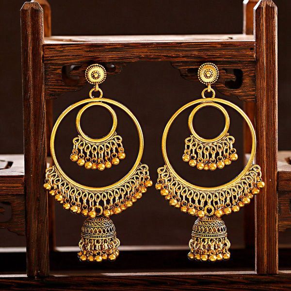 

vintage sector gold tassel jhumka earrings women carved turkish silver color bells turkey jewelry ladies bijoux