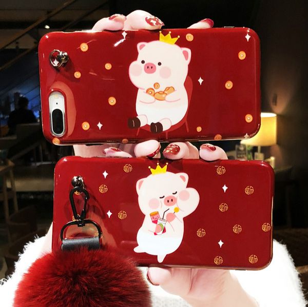 

suitable for iphone 11pro max cartoon cute pig mobile phone shell with fur ball lanyard