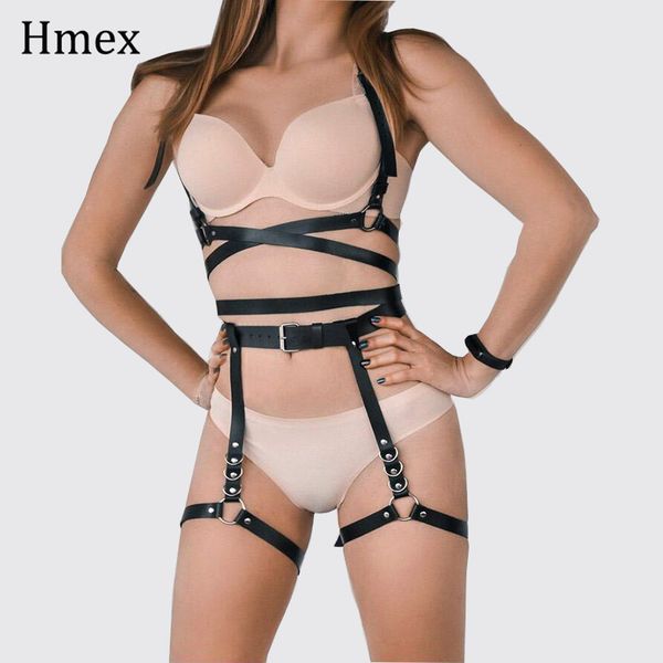 

2pcs/set punk leather harness garters belts women waist to leg bondage black cage straps bra body chest belts harajuku belt, Black;brown