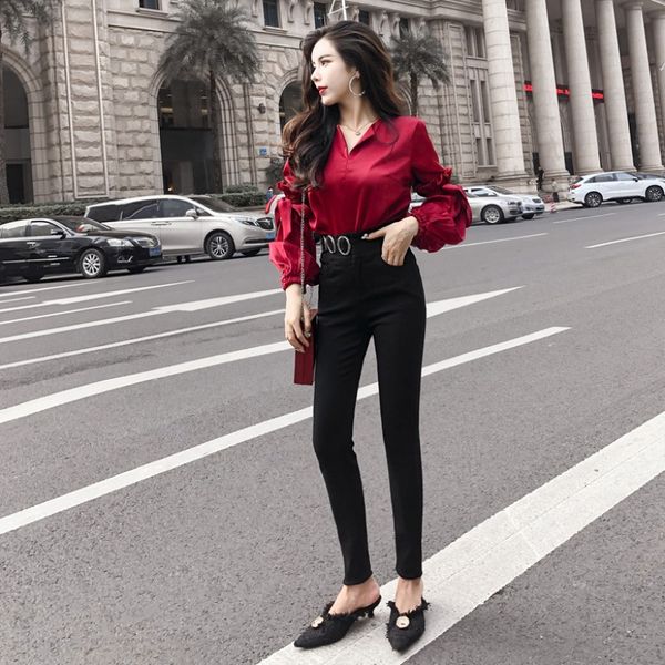 

2020 new fashion v-neck silky lantern sleeve shirt high waist elastic tight pencil pants two-piece suit for women, Black;white