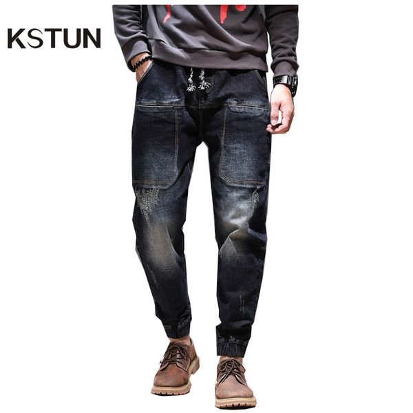 

haren jeans relaxed tapered jean elastic drawstring waist and baggy legs joggers jeans man casaul denm pants larger size 40 42, Blue