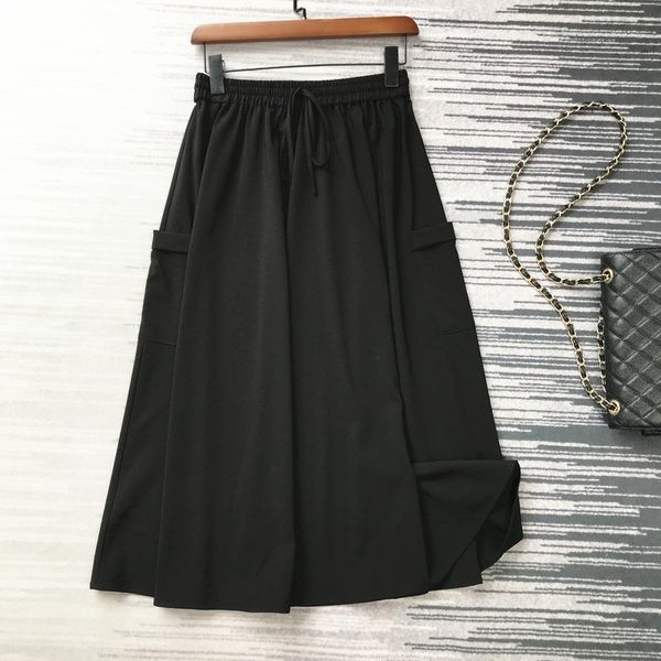 

casual large pocket elastic aline skirt waist skirt mid-length high waist vertical black aline dress ju1403