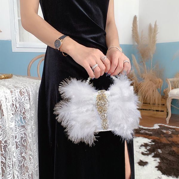 

2020 luxury diamonds handbag women chain evening bags real turkey feathers leather shoulder bag teenage girls clutch party bag