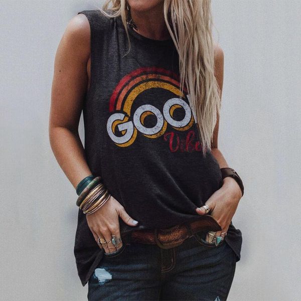 

2020 new women summer black good vibes print vest woman sleeveless loose tshirts female round neck tank dropshipping, White