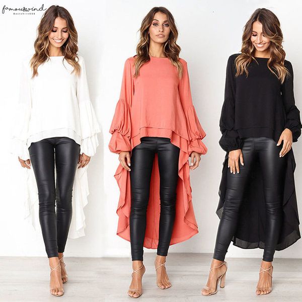 

women long bell sleeve ruffles blouses asymmetrical hem loose casual chiffon shirt blouse autumn plus size, White