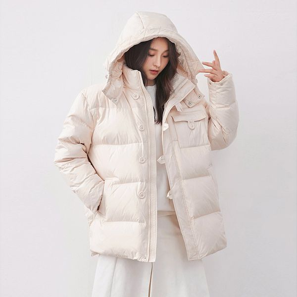 

90% white duck down jacket loose medium long puffer coat thick warm female parkas feather clothes hooded snow outwear, Black