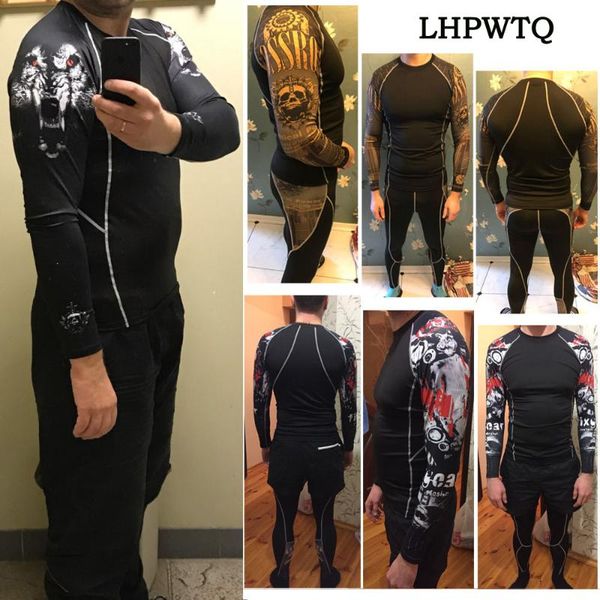 

new compression tracksuit fitness tight running set t-shirt legging men's sportswear demix black gym sport suit, Black;blue