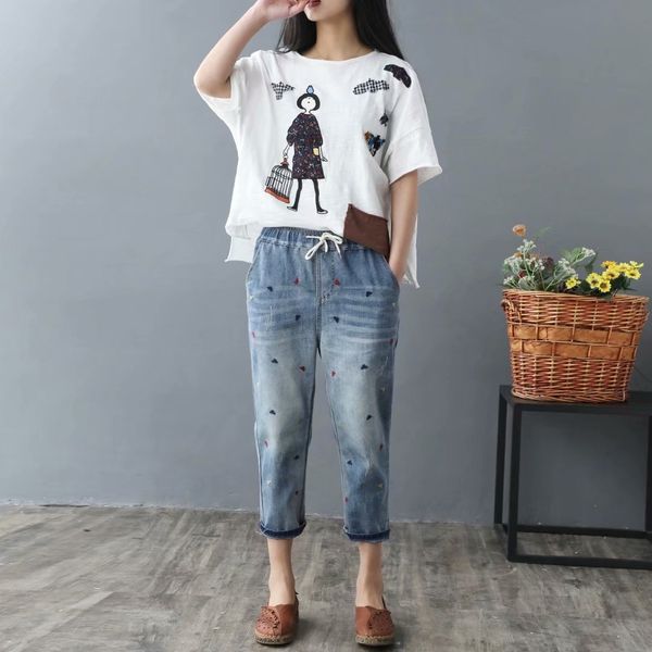 

fat mm large size plus and embroidered jeans fat extra large new artistic geometric color dot embroidered elastic waist jeans 77 1823, Blue