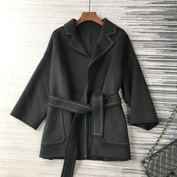 

women's wool & blends women coat double-sided woolen belt, Black