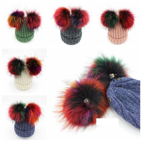 

fashion woman knitted hat double colorful pom pom ball beanie cap winter warm outdoor ski caps party hats tta2081-3, Blue;gray