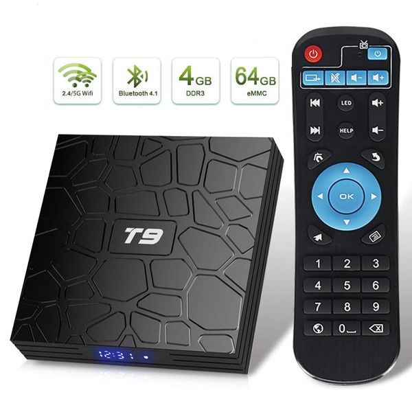 

t9 android 8.1 smart tv box rk3318 rockchip quad core 4gb 64gb 2.4+5g wifi h.265 4k set tv box