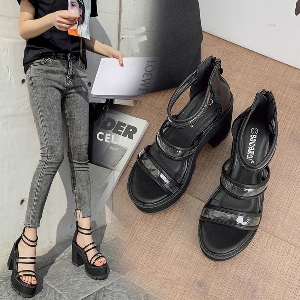 

2020 summer chunky heel film women's shoes platform hollow-out waterproof platform high-heeled ladies' sandals -yl, Black