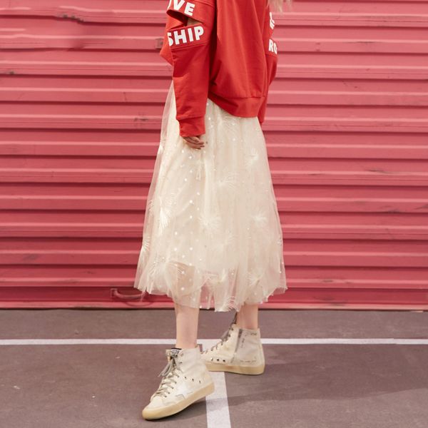 

Black Polka Dot Tiered Layer Women Flare Skirts 2020 Spring White Elegant Mesh Pearls Embroidery Ladies Casual Skirt