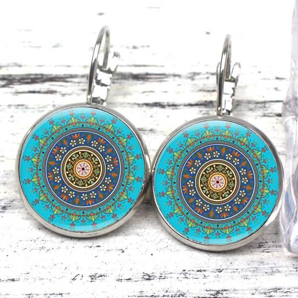 

new color vintage kaleidoscope mandala charm earrings elegant sacred geometry earrings simulation blue enamel colorful modern, Silver