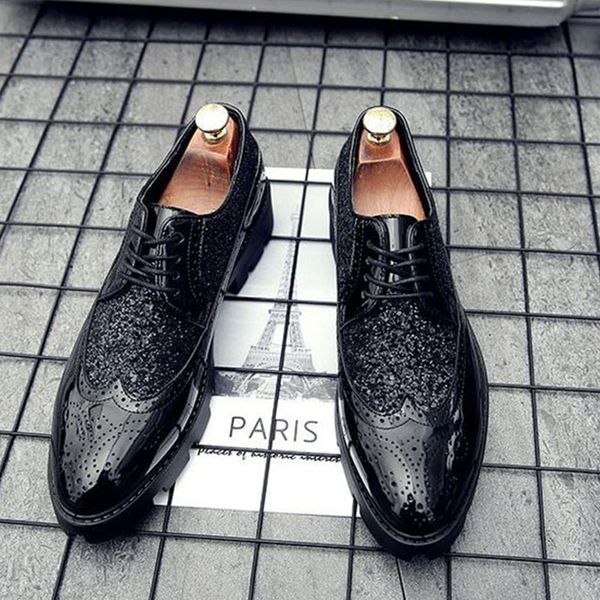

2020 new men shoes oxford autumn men's leather business shoes with thick bottom brogue party formal wedding dress, Black