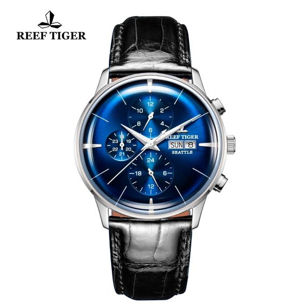 

reef tiger / rt роскошные часы для мужчин роли автоматический синий циферблат двойной календарь бизнеса платье наручные часы кожаный ремешок, Silver