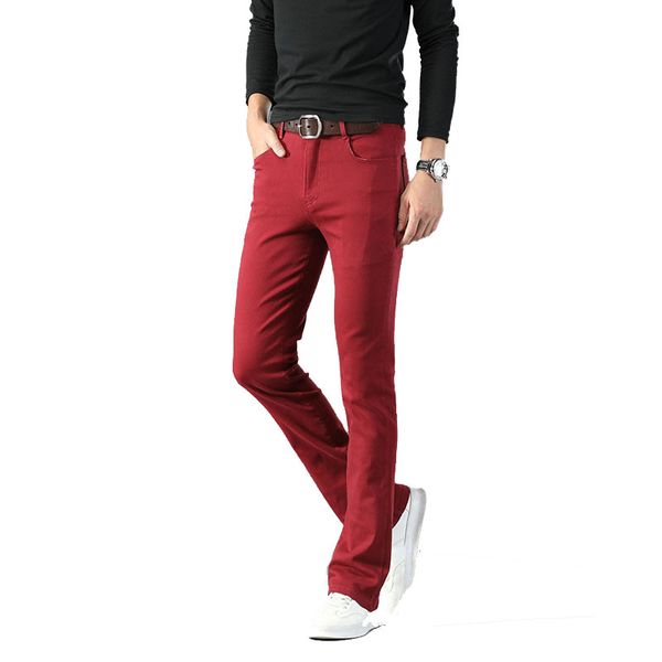 

men's jeans micro flare korean style elastic casual trousers wine red biker, Blue