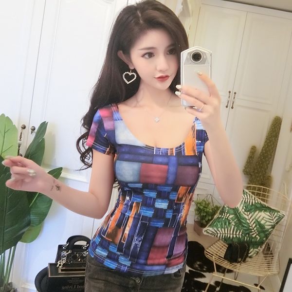 

summer t shirt women nightclub cotton stretchy slim o-neck print short sleeve women clothes t-shirt t93093, White