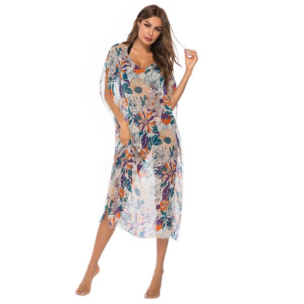 

women's swimwear haleychan printed v-neck chiffon beach bikini blouse cover-ups wear pareos de playa mujer swim suit cover up, White;black