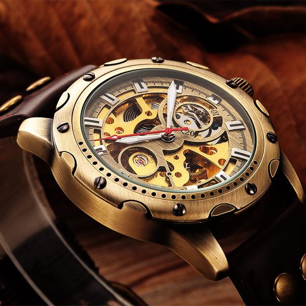 

shenhua retro automatic mechanical watches men leather skeleton self wind men wristwatch gift relogio masculino, Slivery;brown