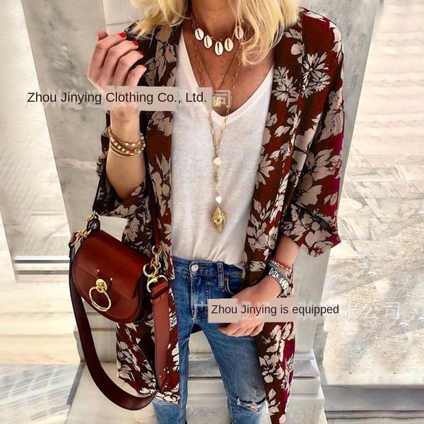 

2019 coat windbreaker spring and summer casual printed cardigan coat windbreaker women's clothing, Tan;black