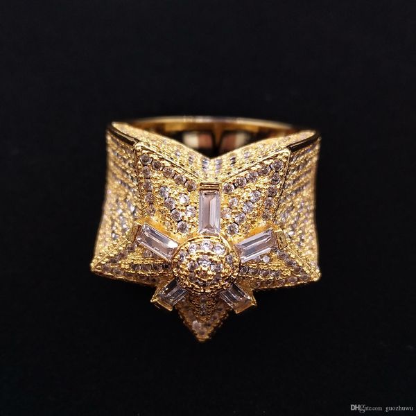 

new personalized iced out cz cubic zirconia gold hip hop pentagram star mens ring band full diamond street rapper jewelry gifts for men, Silver