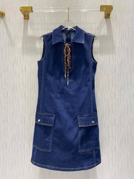 

2020 luxury summer french collection sleeveless 100% cotton denim lace up decolletage mini dress, Black;gray