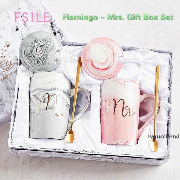 

fsile marble pattern gold rim mug gift box set coffee couple women flamingo cup ceramic with hand ceremony t200506
