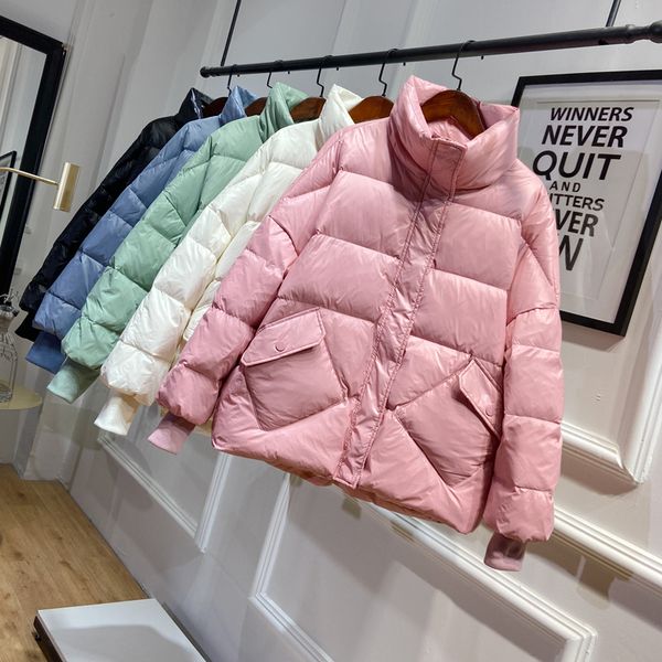 

2020 winter women stand collar loose down parkas thick warm 90% white duck down coat cute bright color snow outwear, Black