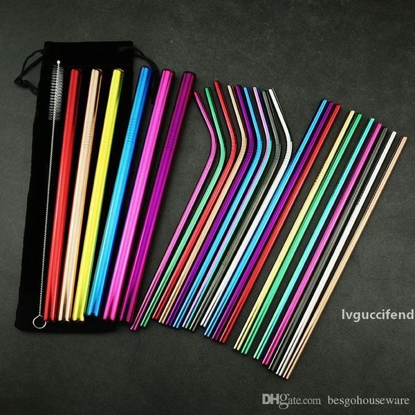 

eco-friend reusable cup straws set with black bag stainless steel straight bent straw cleaning brush set metal drinking straws bh1730 tqq