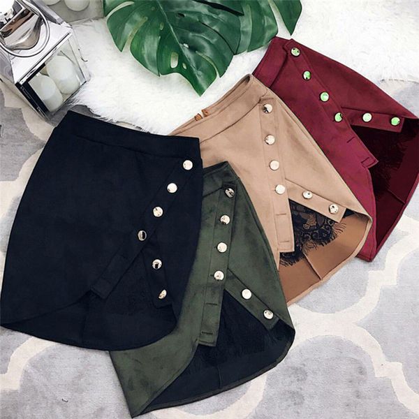 

high waist pencil skirts new arrival women summer ladies button lace patchwork suede leather split party casual mini skirt, Black