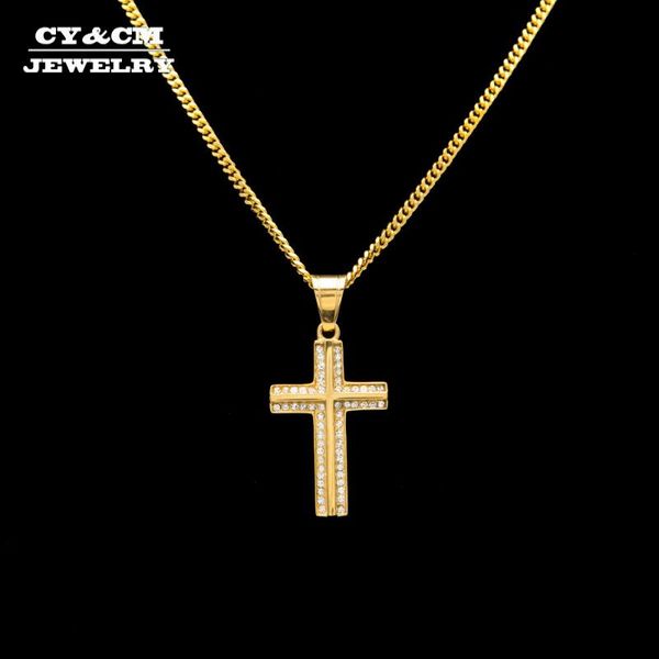 

cy&cm women men titanium stainless steel gold color bling bling iced out rhinestone crystal cross pendant necklace punk jewelry, Silver