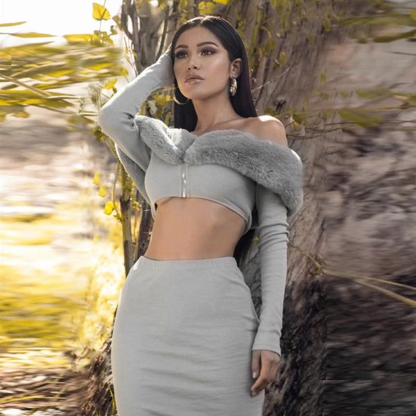 

waikol hight waist long sleeve slash neck off shoulder crop skirt 2 pieces set fur zippers autumn winter women party, White