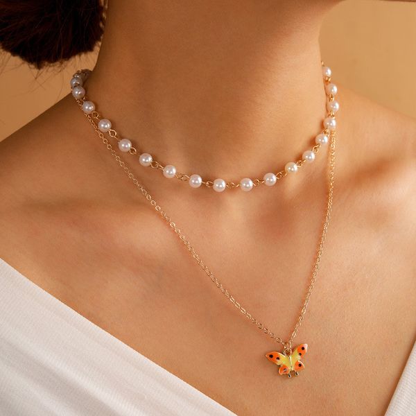 Мода кулон ожерелья для женщин южноамериканский имитация жемчужный сплав животных бабочка 18k позолоченные линии цепь пляж вечеринка ожерелье ювелирные изделия подруга подарок