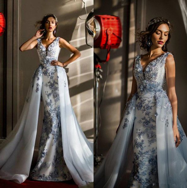 

sky blue mermaid prom pageant dresses with detachable train 2021 modest v-neck lace applique arabic dubai occasion evening dress, Black