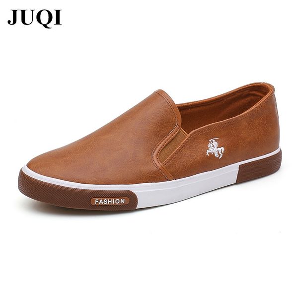 

juqi new fashion mens shoes men casual pu leather shoes male breathable slip-on leisure business flat ing, Black
