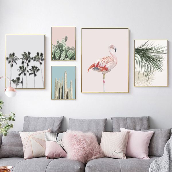 

зеленый кактус украшения завод wall art canvas плакат и печать птица flamingo картина long изображение для гостиной home decor