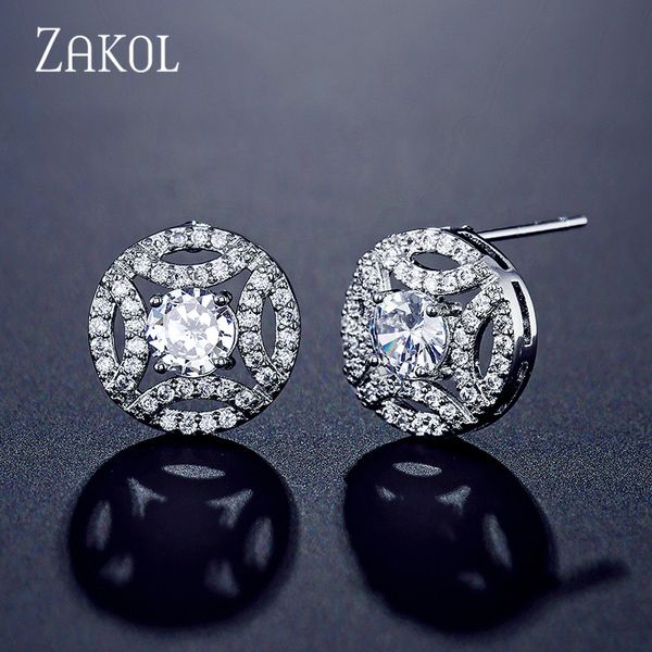 

zakol round cubic zircon stud earrings for women ladies girls cz crystals stud earrings gold color jewelry fsep2255, Golden;silver