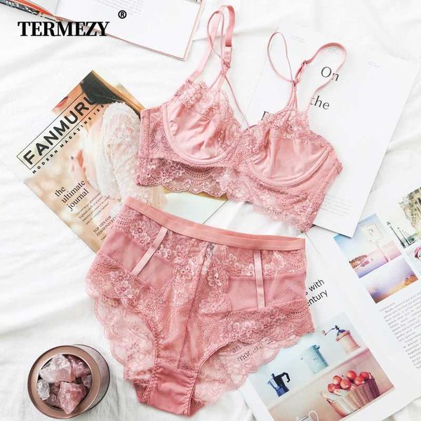 

termezy classic bandage pink bra set lingerie push up brassiere lace underwear set high-waist panties for women underwear, Red;black