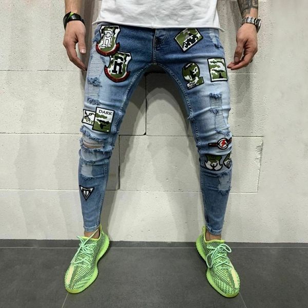 

2020 autumn new patch beggar pants and trousers men's slim casual youth stretch men's pants fashion, Blue