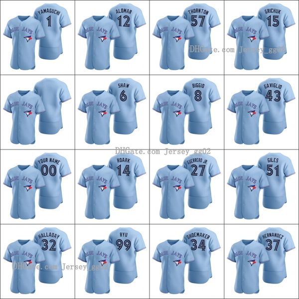

toronto blue jays 27 vladimir guerrero jr. 99 hyun-jin ryu men women youth custom light blue authentic 2020 alternate jersey, Black